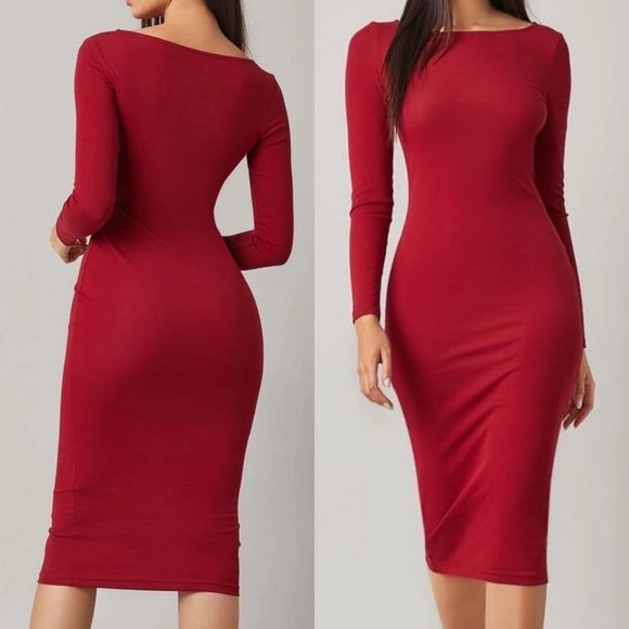 Long sleeve boat neck fitted midi dress black - Picture 2 of 4